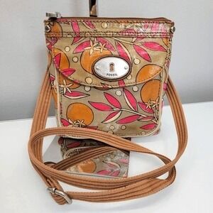 Vintage Y2K Fossil Key-Per Crossbody Bag Brown Citrus Floral Small Coated Canvas